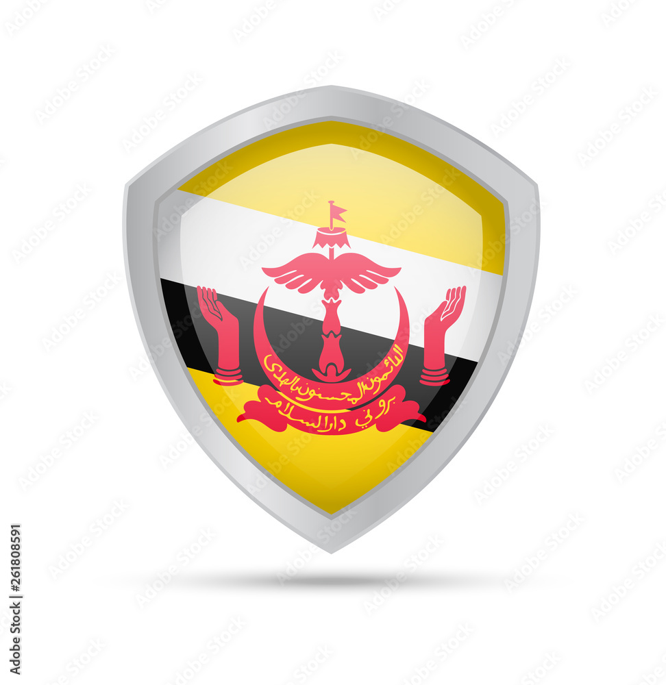 Obraz premium Shield with Brunei flag on white background.