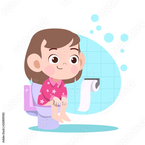 kid girl pooping in toilet vector illustration