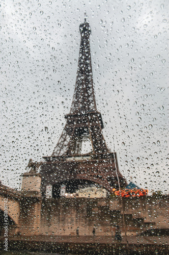 Raindrops on the window and the Eiffel Tower on the background, Paris, France