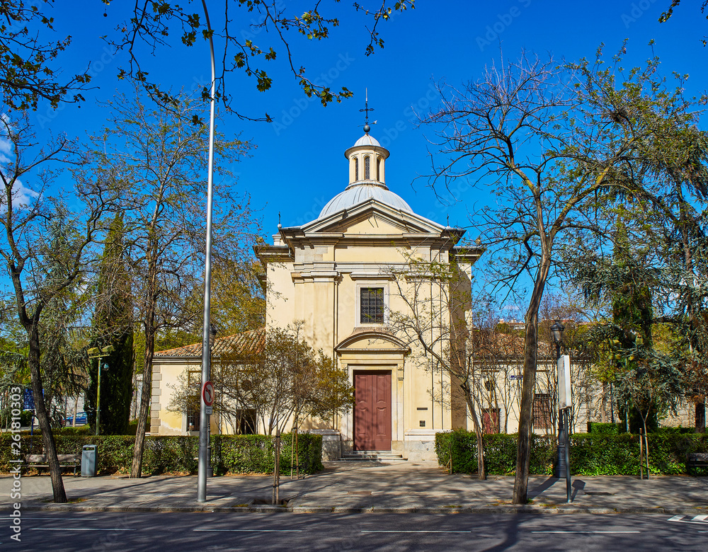 Principal facade of the San Antonio de la Florida Hermitage. This chapel houses Goya's tomb. View from Paseo de la Florida tree. Madrid, Spain.