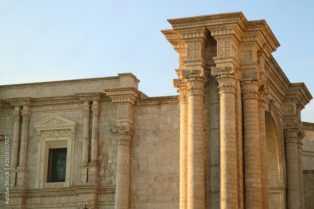 Naklejka premium Marvelous Facade and the Side Arch of the Basilica Cathedral of Arequipa, Peru, South America