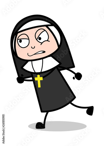 Running with Aggression - Cartoon Nun Lady Vector Illustration﻿