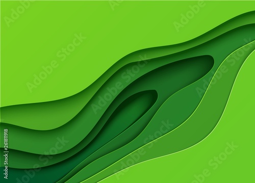 Green banner with abstract diagonal shapes cut out of paper style. Carving wave background with layers and shadow. Vector card illustration for ecology flyer or poster