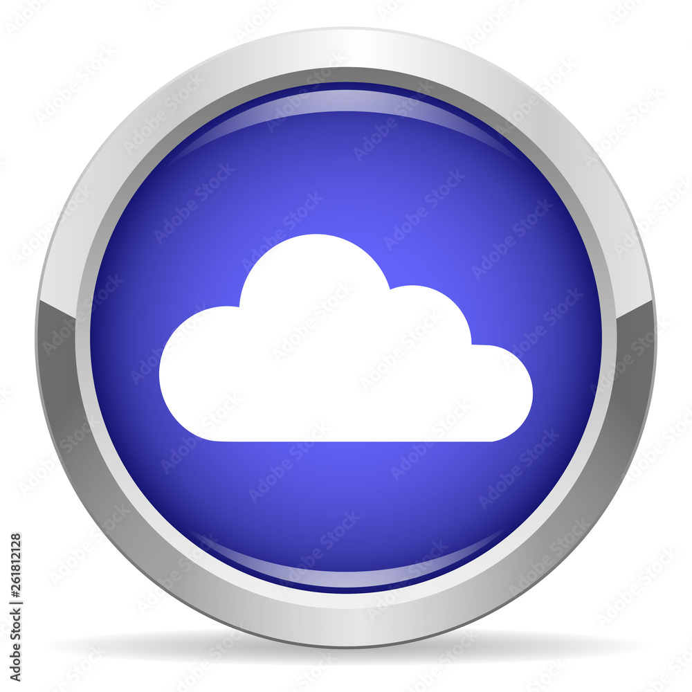 Cloud icon. Round bright blue button. Cloud icon. Round bright blue button.