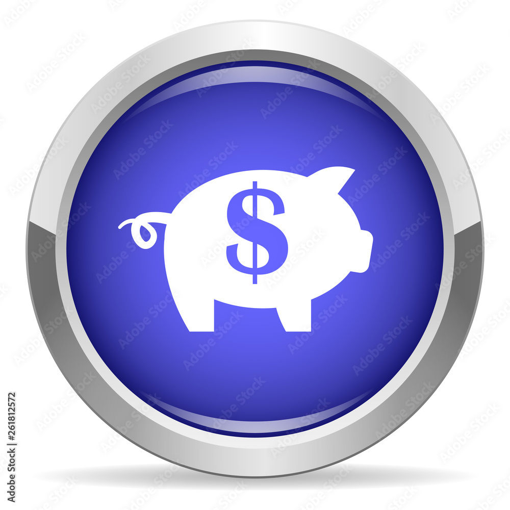 Piggy bank icon. Round bright blue button. Piggy bank icon. Round bright blue button.