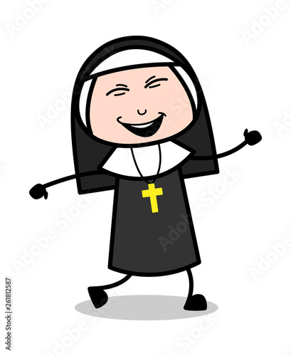 Laughing and Walking - Cartoon Nun Lady Vector Illustration﻿