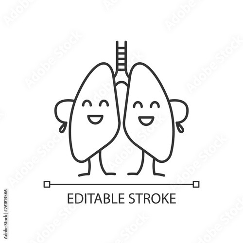 Happy human lungs character linear icon