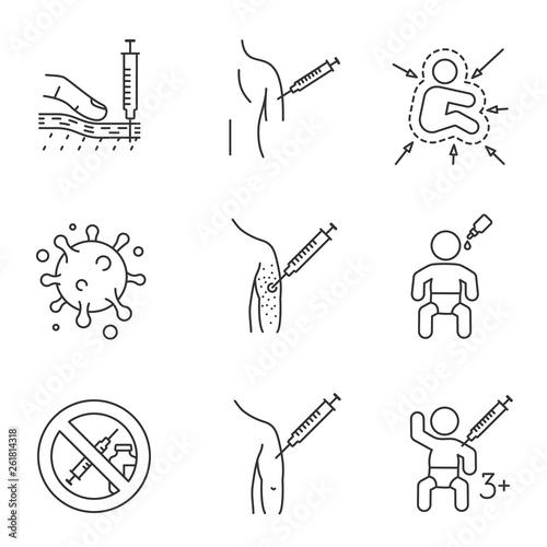 Vaccination and immunization linear icons set