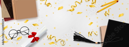 Graduation vector banner template. Background Congrats graduates with objects viewed from above hat with degree paper, books, notebook and pencil, glasses, gold confetti, ribbons and stars.