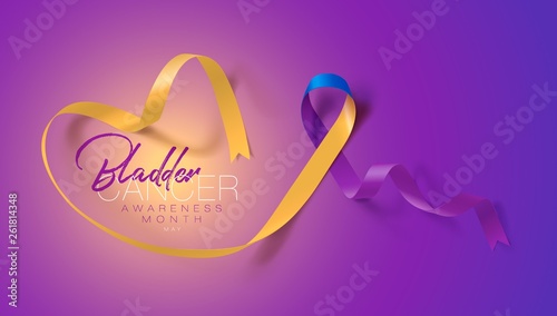Bladder Cancer Awareness Calligraphy Poster Design. Realistic Marigold And Blue And Purple Ribbon. May is Cancer Awareness Month. Vector