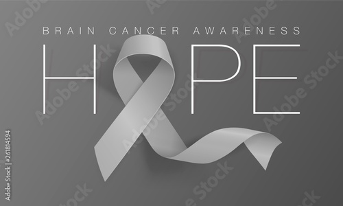 Brain Cancer Awareness Calligraphy Poster Design. Hope Realistic Grey Ribbon. May is Cancer Awareness Month. Vector