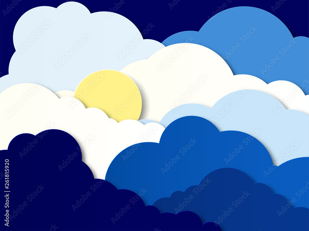 Design with cumulus clouds in the night sky. Bright moon and stars. Paper cut design for cards, invitations, advertisements. Vector illustration