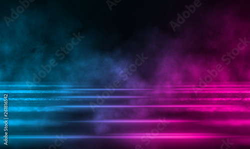 Empty background scene. Dark street  a reflection of blue and pink neon light on wet pavement. Rays of light in the dark  smoke. Night view of the street  the city. Abstract dark background.