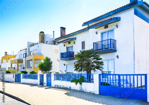 Costa Nova, Portugal: white houses with blue and yellows details in facade