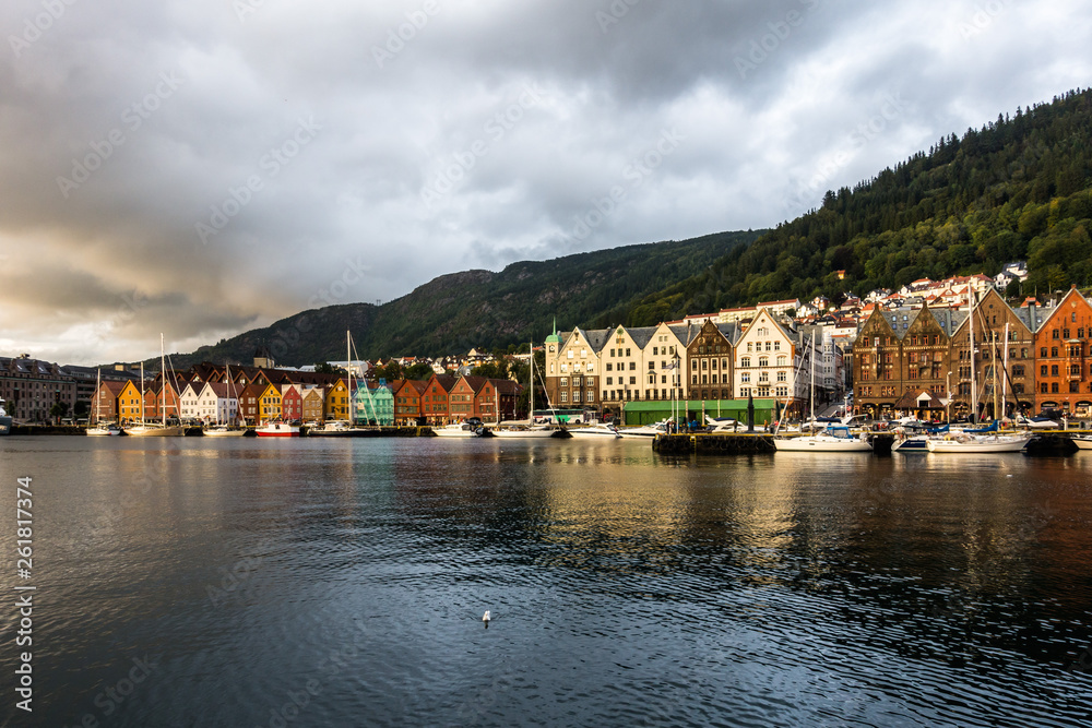 Bergen waterfront and harbour at sunset, with the iconic Bryggen colourful houses, UNESCO World Heritage Site. Bergen, Norway, August 2018