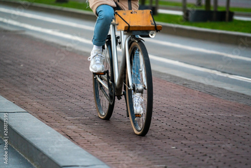 A woman ride a bicycle
