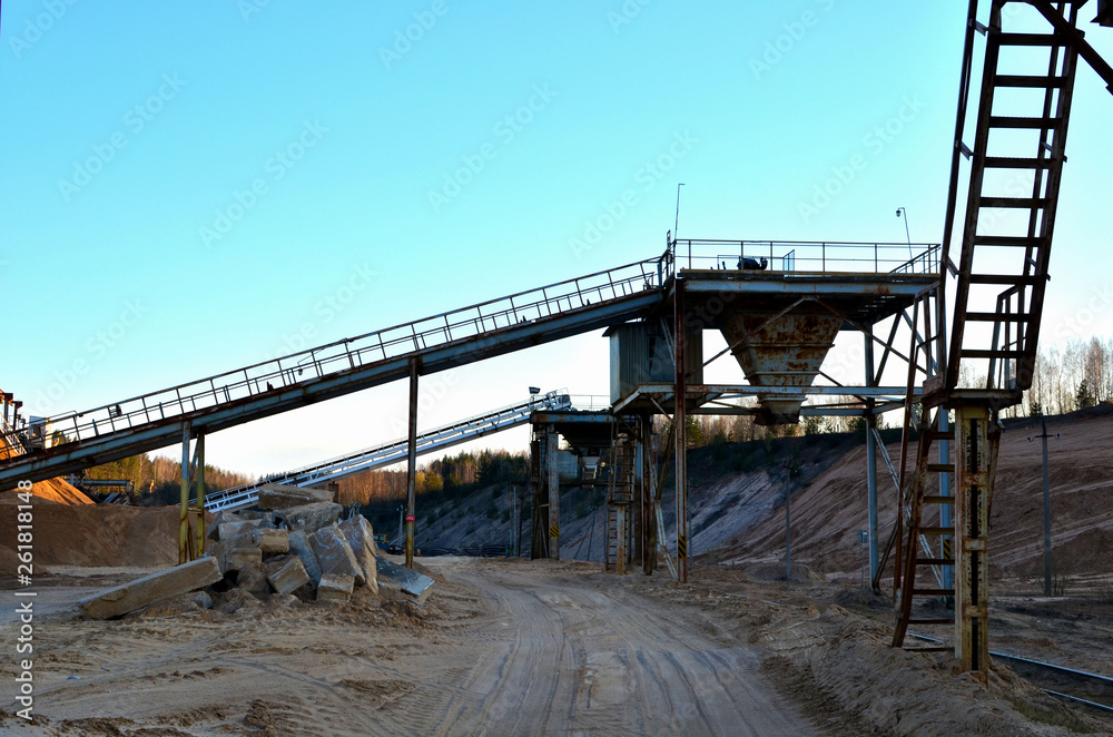 Mining quarry for the production of crushed stone, sand and gravel for use in construction. Crushing plants, machines and equipment for crushing, grinding stone, sorting sand and bulk materials