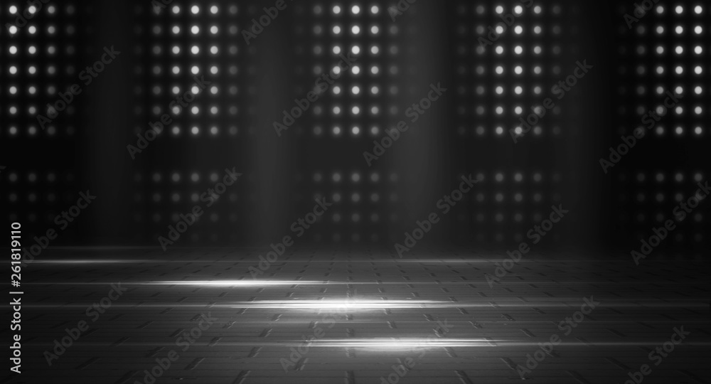 Background of empty street, room. Background of empty scene at night. Concrete coating. Reflection on wet pavement of neon lights. Neon blue lines. Dark abstract background. Background of empty street, room. Background of empty scene at night. Concrete coating. Reflection on wet pavement of neon lights. Neon blue lines. Dark abstract background.
