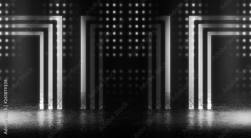Background of empty street, room. Background of empty scene at night. Concrete coating. Reflection on wet pavement of neon lights. Neon blue lines. Dark abstract background. Background of empty street, room. Background of empty scene at night. Concrete coating. Reflection on wet pavement of neon lights. Neon blue lines. Dark abstract background.