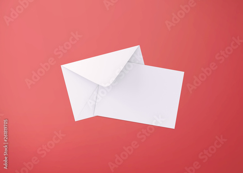 White postcard and envelope on background, top view. Blank envelope mockup and letterhead presentation template. Postcard flyer for your design.