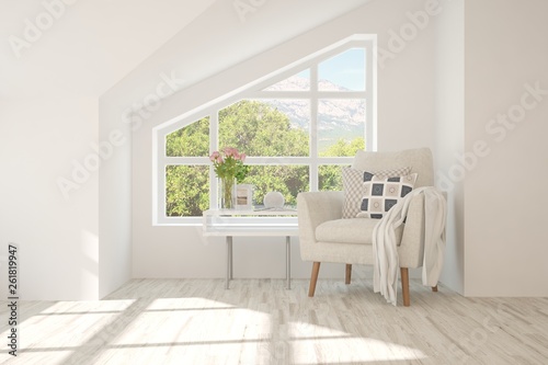 Idea of white stylish minimalist room with armchair and summer landscape in window. Scandinavian interior design. 3D illustration © AntonSh