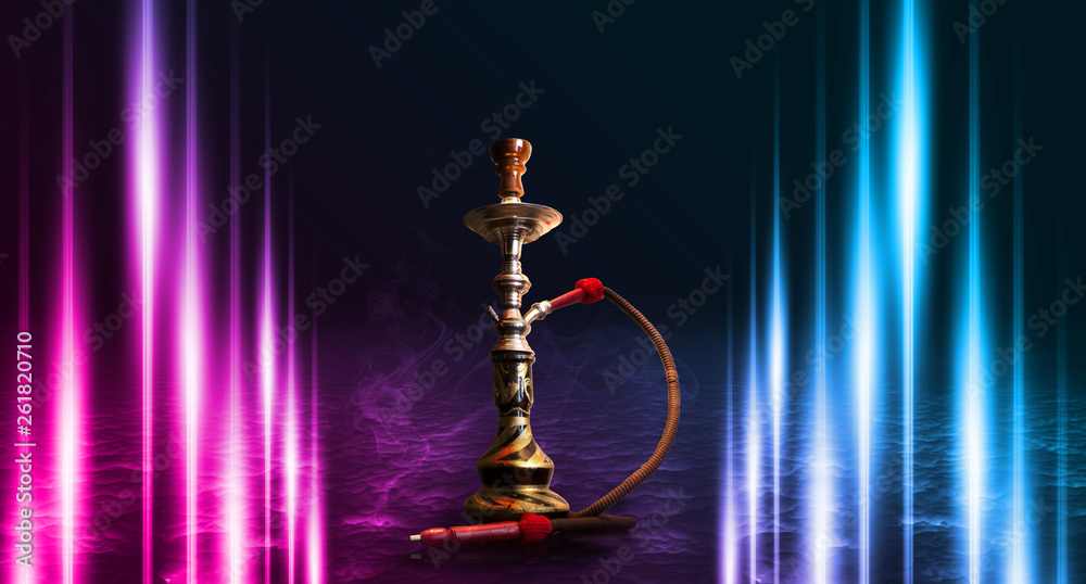 Hookah smoking on a dark abstract background. Background of empty scenes with neon lights and colored lights, reflection of night lights on wet asphalt Hookah smoking on a dark abstract background. Background of empty scenes with neon lights and colored lights, reflection of night lights on wet asphalt