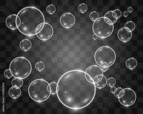 White beautiful bubbles on a transparent background vector illustration. Soap bubbles. 