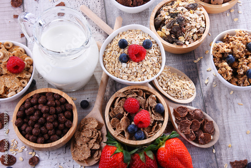 Bowls with different sorts of breakfast cereal products