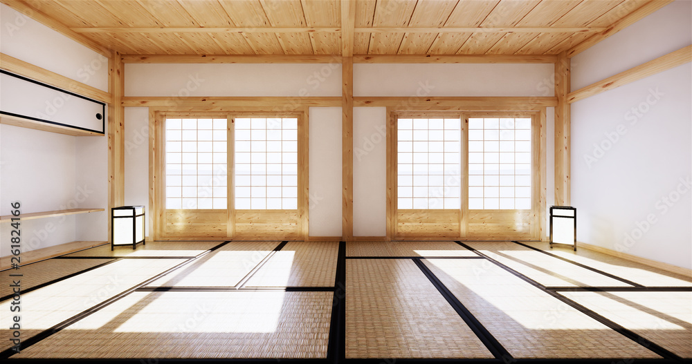 interior design,modern living empty room with table,tatami mat floor. 3D rendering