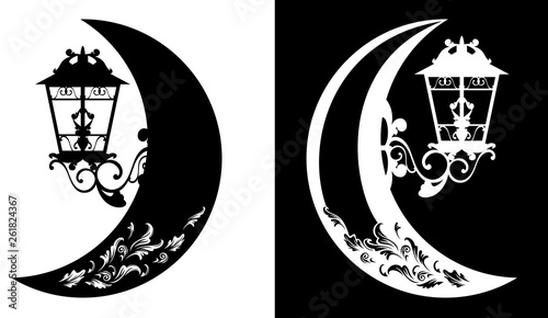 crescent moon and antique street light outline - nighttime black and white vector decor set