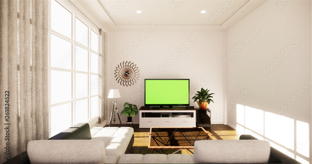 Fototapeta premium Smart Tv Mockup with blank black screen hanging on the cabinet decor, modern living room zen style. 3d rendering