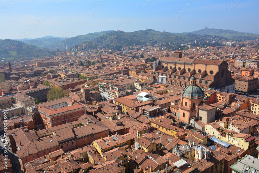 Panoramic view of Bologna city from tower Asinelli, Emilia-Romagna, Italy