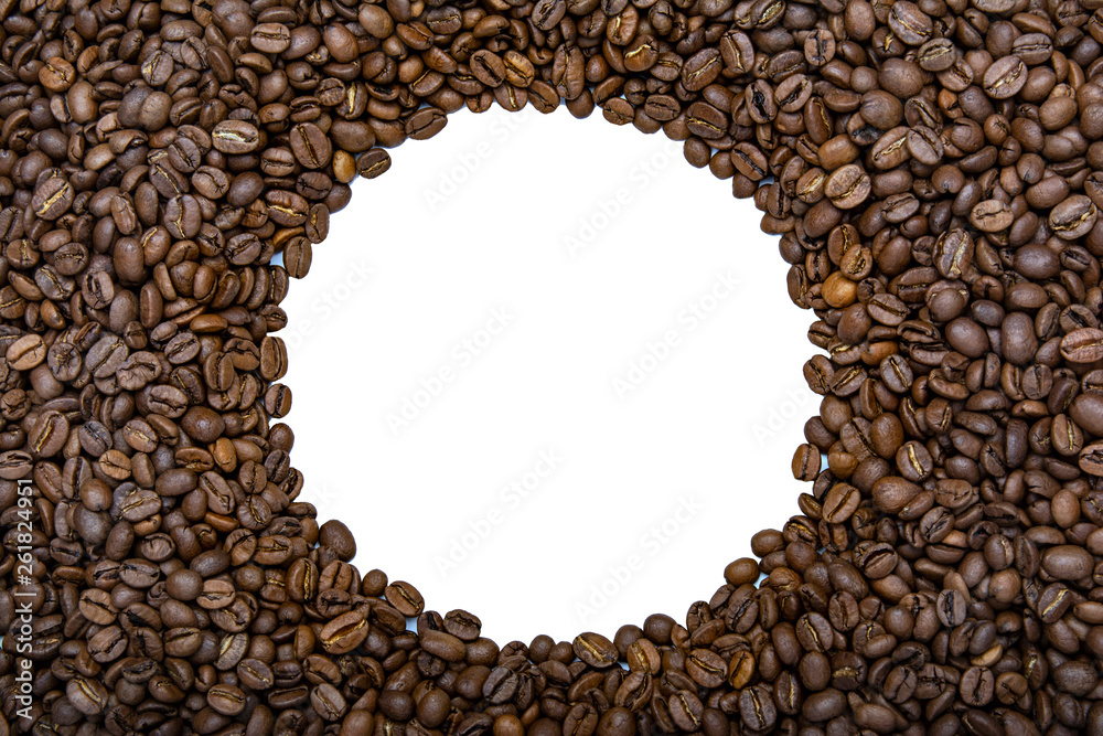 Circle coffee beans frame with copy space for text, isolated on white background. Top view Circle coffee beans frame with copy space for text, isolated on white background. Top view