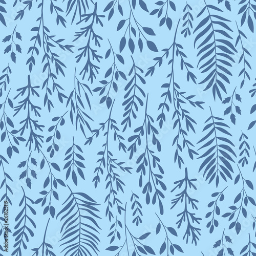 Fototapeta Naklejka Na Ścianę i Meble -  seamless botanical pattern, dark blue branches silhouettes on blue, vector background
