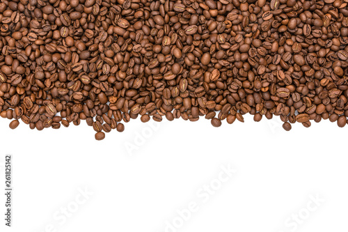 Roasted coffee beans on white background. Close-up image. Copy space for text.