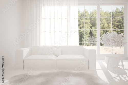 Stylish room in white color with sofa and green landscape in window. Scandinavian interior design. 3D illustration