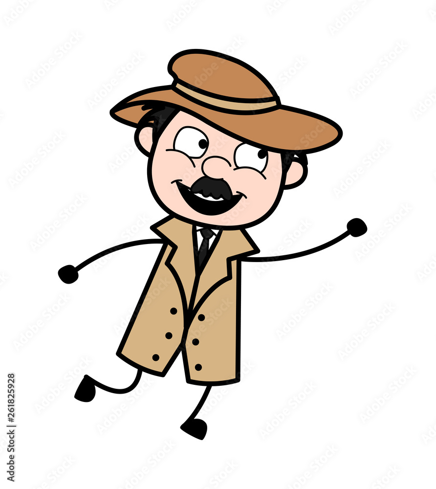 Jumping for Catch - Retro Cartoon Police Agent Detective Vector Illustration