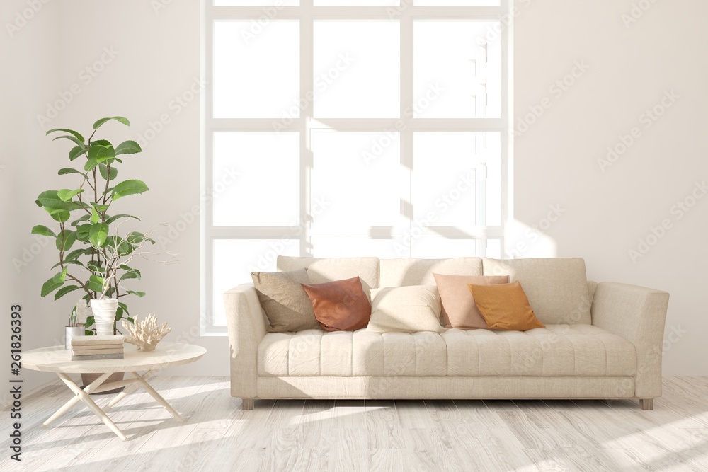 Fototapeta premium Stylish room in white color with sofa. Scandinavian interior design. 3D illustration