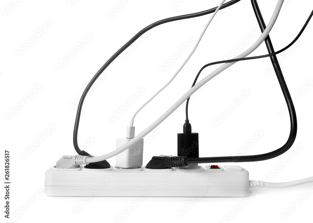Extension cord on white background. Electrician's professional equipment Extension cord on white background. Electrician's professional equipment