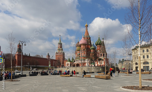 Moscow Kremlin and St. Basil's Cathedral in the spring on a sunny day