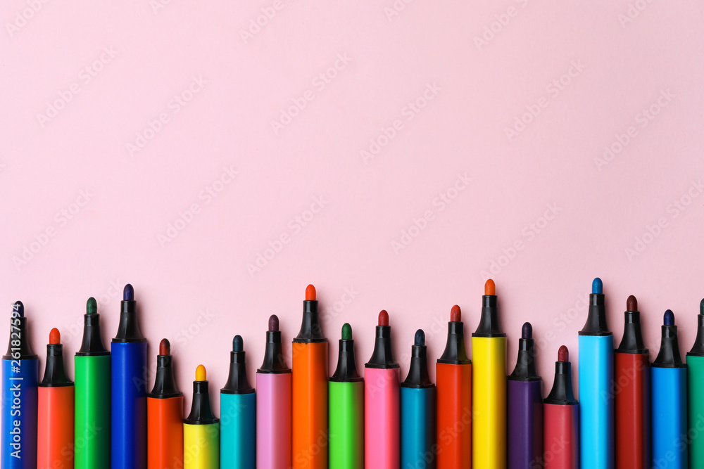 Flat lay composition with markers and space for text on color background. Rainbow palette Flat lay composition with markers and space for text on color background. Rainbow palette