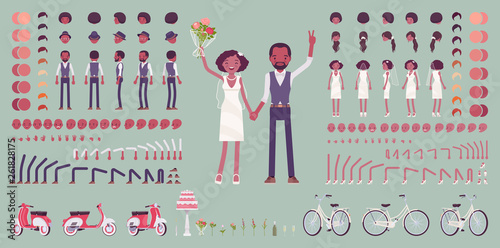 Bride and groom, happy black pair on a wedding ceremony, creation set, traditional celebration kit, decor constructor elements to build your own design. Cartoon flat style infographic illustration