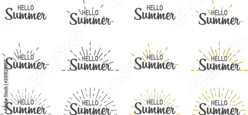 Hello summer. Banner set hello summer with sunburst. Sumer illustration. Text summer in lettering style. Vector