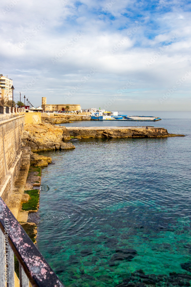 Beautiful Sliema coastline view with Mediterranean Sea cyan water at Sliema, Malta