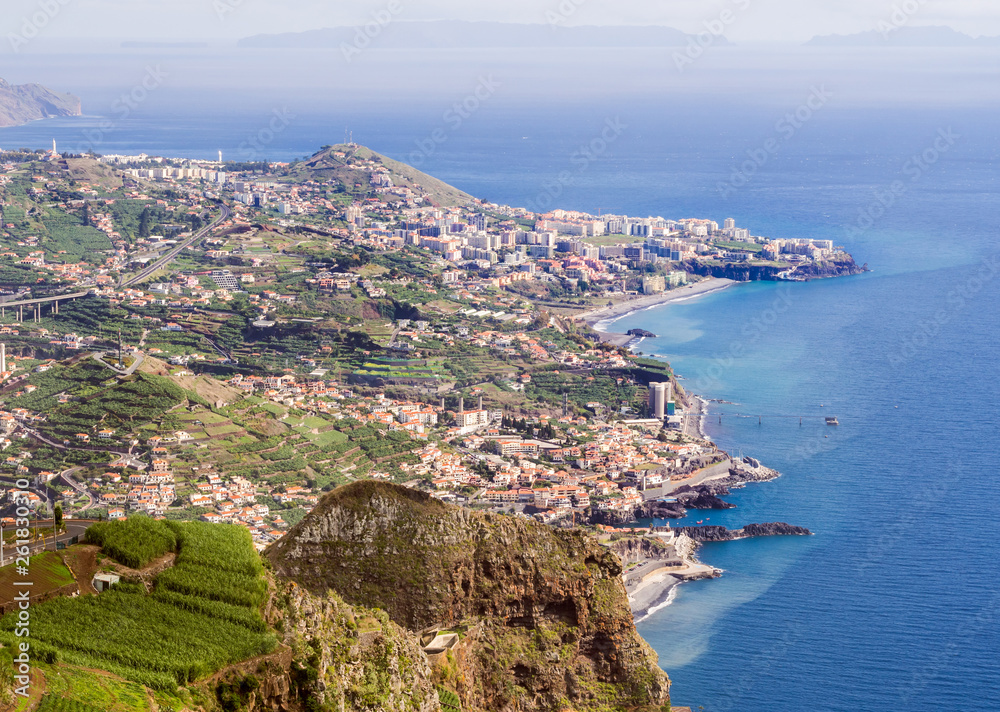 Aerial view of Funchal, the capital of Madeira island, Portugal, as seen from Cabo Girao Skywalk viewpoint