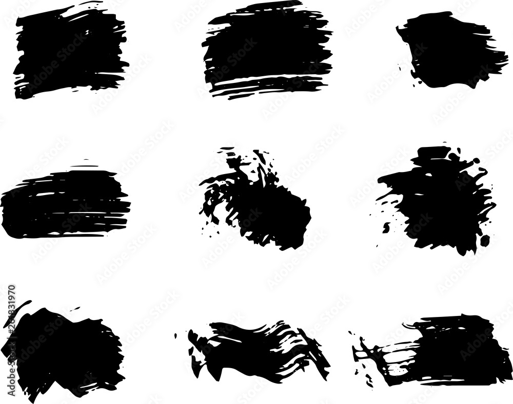 Vector collection of ink, grunge, dirty brush, black paint, strokes. Abstract grunge banner. Black brush stroke background.