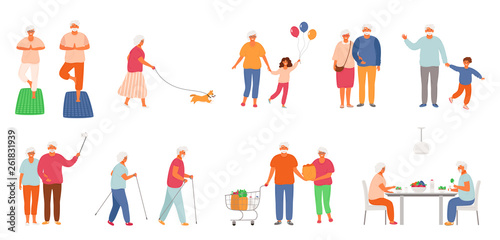 Set of active lifestyle seniors. Elderly people characters. Old people eat healthy food, do yoga, nordic walking, walk their pet, spend time with their grandchildren, take a selfie.