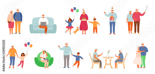 Set of active lifestyle seniors. Elderly people characters. Old people visit a cafe, use a laptop, talk on the phone, celebrate a birthday with family, dance together, take a selfie.
