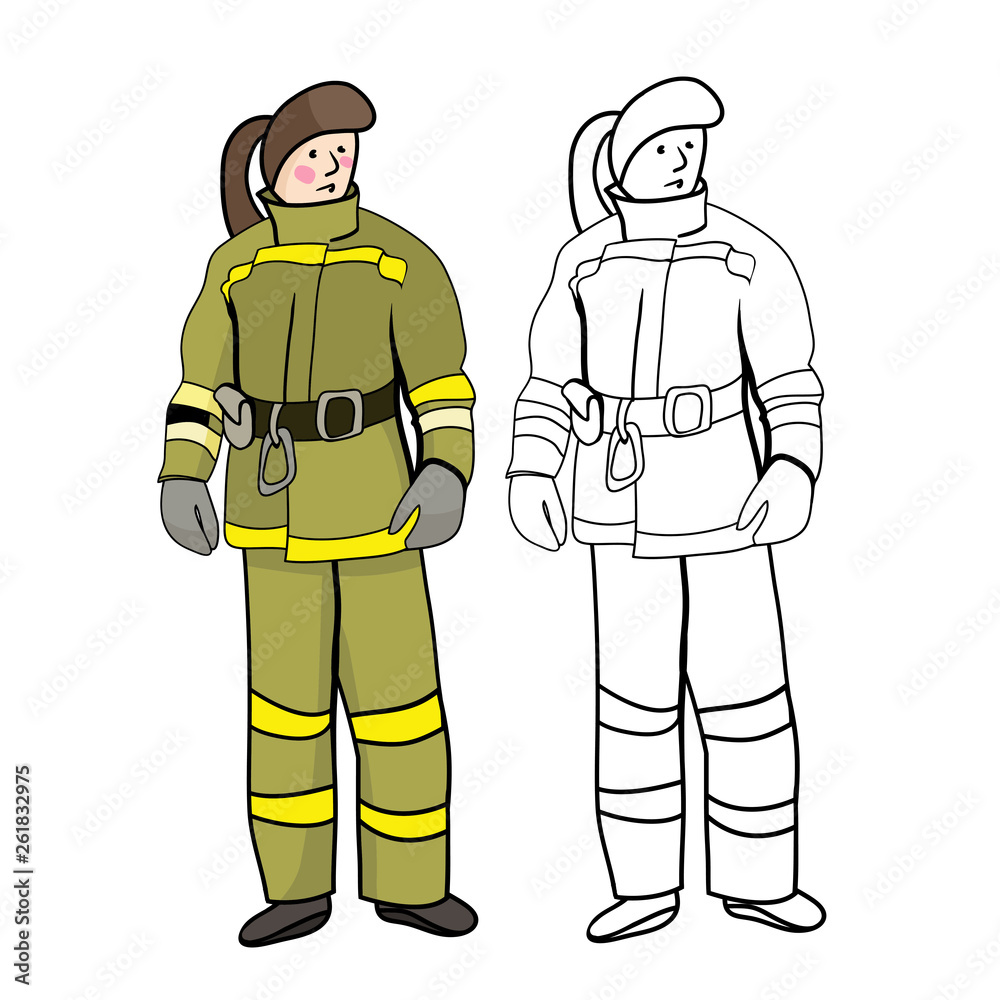 Vector drawing, girl working as a fireman, an unusual female profession Vector drawing, girl working as a fireman, an unusual female profession