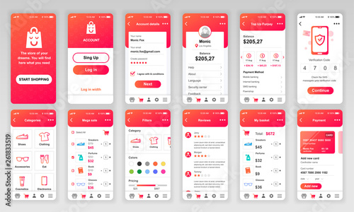 Set of UI, UX, GUI screens Shopping app flat design template for mobile apps, responsive website wireframes. Web design UI kit. Shopping Dashboard.